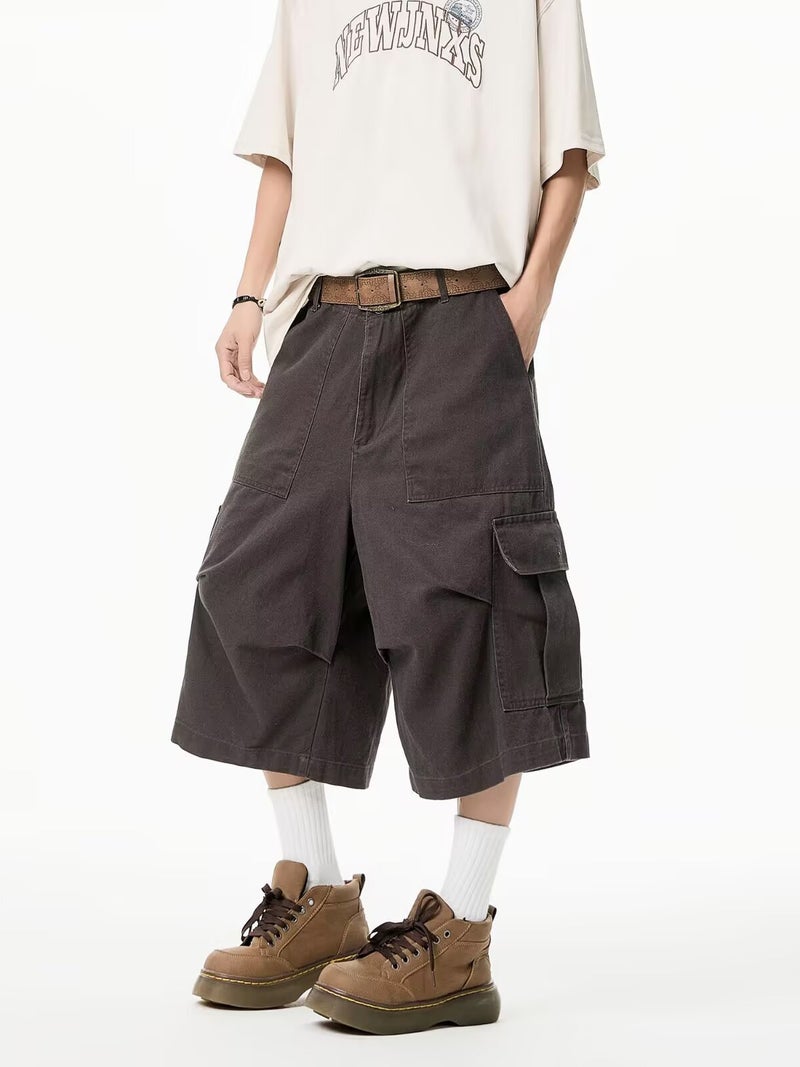 American Style Retro Large Pocket Pleated Logging Tooling Jeans Trendy Brand All-Match Loose Wide-Leg Casual Shorts For Men And Women - Image 4